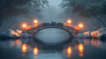 Wall Mural - 3D Glossy Stone Bridge with Lanterns for Mid Autumn Festival concept as A glossy stone bridge background illuminated by lanterns reflecting the serene and timeless atmosphere of the Mid Autumn Festiva