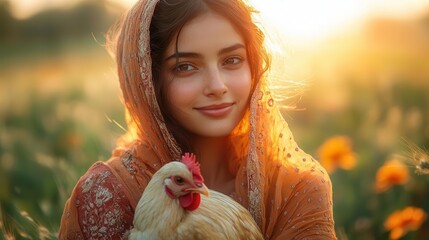 a joyful young woman in vibrant traditional indian attire cradles a hen surrounded by lush farmland bathed in warm sunlight evoking a sense of rural harmony and connection to nature