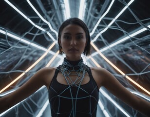 Wall Mural - Woman Posing in a Futuristic, Neon-Lit Setting. Generative AI