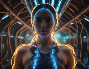 Wall Mural - Woman Illuminated by Blue and Yellow Lights in a Futuristic Setting. Generative AI