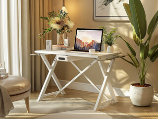 Wall Mural - A white desk with a laptop on it and a potted plant in the corner. The desk is surrounded by a rug and a chair. The laptop screen shows a picture of a mountain. The room has a warm