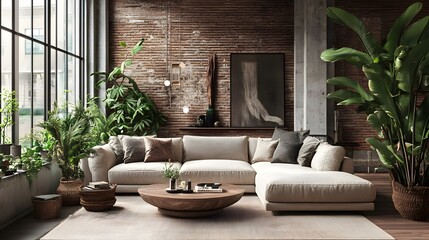 Wall Mural - Inviting and Sophisticated Modern Living Room Featuring L Shaped Sofa Industrial Style Decor and Lush Greenery Accents for a Cozy and Comfortable Ambiance