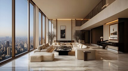 Poster - Elegant and Spacious Modern Living Room Interior Design with Marble Flooring Large Floor to Ceiling Window and Tasteful Decor Elements