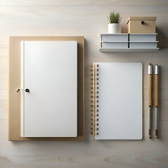 Sticker - A minimalist workspace with a blank notebook. notepad. pen and pencil on a light wood background.