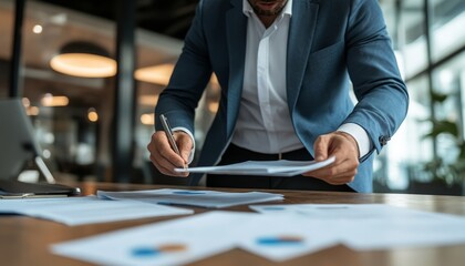 Poster - A businessman reviewing documents in a modern office setting.