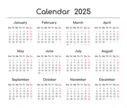 Calendar for 2025. Black and white, A4, English, horizontal.