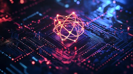 Poster - ai chip and abstract digital atom icon on technology background. science tech bg. circuit light line