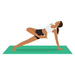 Wall Mural - Young woman doing Side Plank Variation Revolved Half Bound Pose or Vasisthasana Variation Parivrtta Ardha Baddha Asana. Flat vector illustration isolated on white background