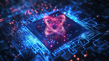 Poster - ai chip and abstract digital atom icon on technology background. science tech bg. circuit light line