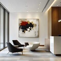Poster - Minimalist and modern reception area with clean white walls abstract artwork and elegant contemporary furniture creating a sophisticated and professional ambiance