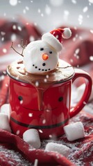 Adorable marshmallow snowman with Santa hat perched atop steaming hot chocolate in a festive red mug, surrounded by falling snow and cozy blanket.