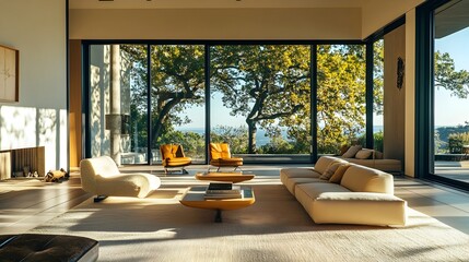 Poster - Spacious and inviting modern living room with clean lines neutral color palette and abundant natural light streaming through large windows creating a peaceful and tranquil ambiance