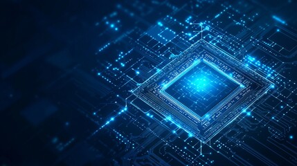 Poster - ai chip and abstract digital atom icon on technology background. science tech bg. circuit light line