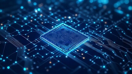 Poster - ai chip and abstract digital atom icon on technology background. science tech bg. circuit light line
