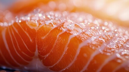 Close-up of a fresh salmon fillet on a clean white background, showcasing its vibrant pink color and natural texture with detailed focus.