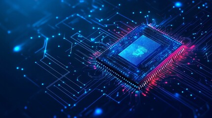 Poster - ai chip and abstract digital atom icon on technology background. science tech bg. circuit light line