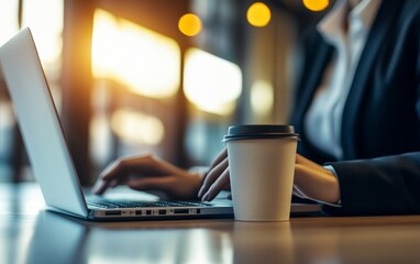 Aufkleber - A person typing on a laptop with a coffee cup nearby, illuminated by warm light in a cozy workspace.