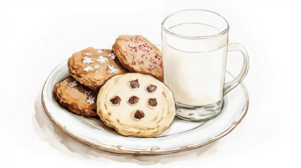 A plate of assorted cookies with a glass of milk, perfect for a cozy evening snack or festive celebration.