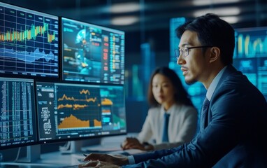 Poster - A professional analyzing financial data on multiple screens in a modern office environment.