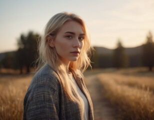 Wall Mural - blonde woman standing in a field at sunset. generative ai