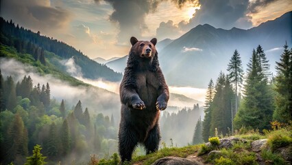 A majestic black bear stands upright on its hind legs, massive paws outstretched, amidst a lush forest backdrop with misty mountains in the distance.