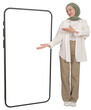 © Designerant - New cool mobile application offer. Full body view caucasian muslim woman wear hijab abaya standing near huge blank smartphone mock up demonstrating copy space for online application or web site design