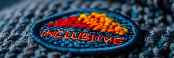 a vibrant patch with the word 'inclusive' embroidered on it in bright colors attached to a piece of 