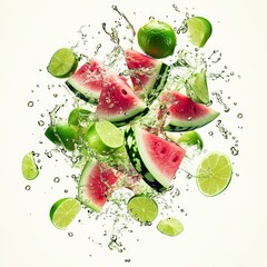 Poster - Slices of watermelon and limes suspended in mid-air, surrounded by splashing water.