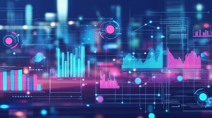 Poster - Dynamic data visualization showcasing colorful graphs and analytics in a futuristic city environment at night