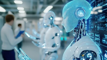 Poster - Futuristic robots engaging in digital tasks inside a high-tech laboratory during a technology demonstration event