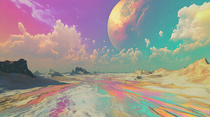 A planet with a sky that shifts between different colors, with the ground covered in rainbow-like sands.


