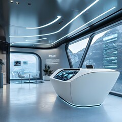 Poster - sleek and modern high tech reception area featuring futuristic design elements interactive touch scr
