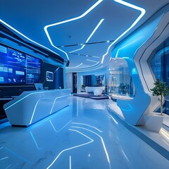 Poster - Cutting edge high tech reception area featuring sleek minimalist design interactive touch screens