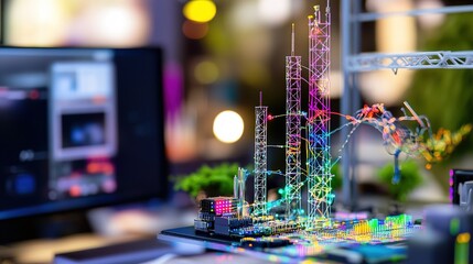 Poster - Colorful model of a futuristic city with communication towers and digital displays at a technology exhibition