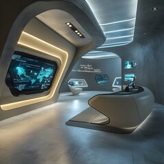 Poster - Cutting Edge Futuristic Reception Area with Innovative Interactive Touchscreen Technology Sleek Modern Design and Automated Efficiency for a Professional and Sophisticated Work Environment