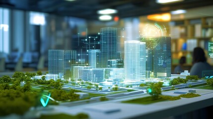 Poster - Modern city model showcasing advanced architecture and urban planning concepts in a collaborative workspace environment