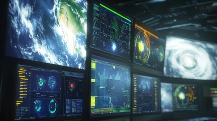 Poster - Control room with multiple monitors displaying satellite imagery and weather patterns in a high-tech environment at night