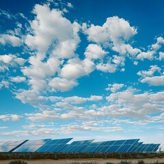 Wall Mural - Solar panels in a field under a blue sky with white clouds.