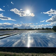 Wall Mural - Solar panels in a field with a blue sky and clouds.