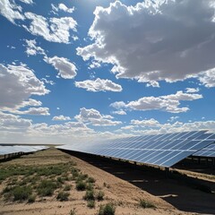 Solar panels in a field with a blue sky and white clouds.