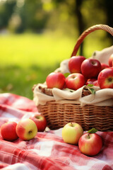 basket of red apples on a picnic blanket: a rustic wicker basket overflowing with ripe, red apples r