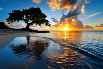 Island sunset scenery, vibrant colors, calm seas capture the essence of tropical beauty