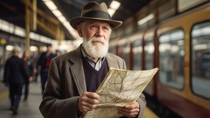 passenger with a hat and a map in his hand at the station