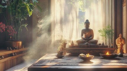 Serene Meditation Sanctuary, a tranquil retreat adorned with sacred relics, inviting introspection and mindfulness in a harmonious environment.