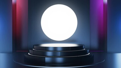 Wall Mural - Black room space with rotating round pedestal, exhibition podium or showcase and neon light in futuristic technology style. 3d realistic animation template for presentation product.
