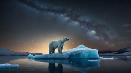 polar bear on an iceberg under a starry sky