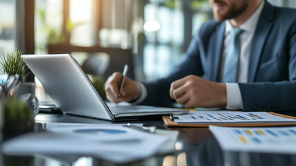 Poster - Professional businessman working on a laptop in a modern office during the afternoon