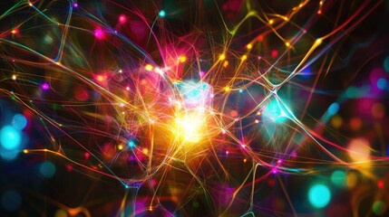 Poster - An abstract background with a network of glowing, colorful lines converging towards a central point, set against a dark backdrop.
