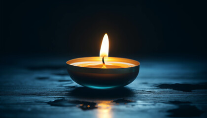 A Single Flame: A single candle burns brightly against a dark, blue background, offering a moment of peace and reflection. Its flickering flame casts a soft glow, symbolizing hope and resilience.  