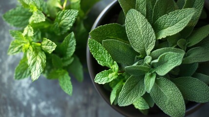 Wall Mural - Fresh Green Herbs - Mint and Sage in a Pot